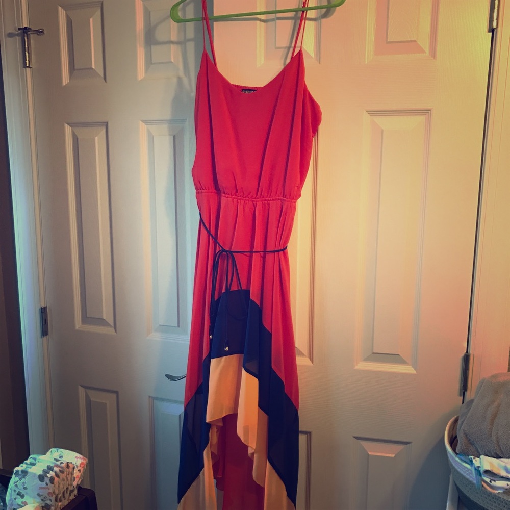 Orange/light orange/navy handkerchief hem dress